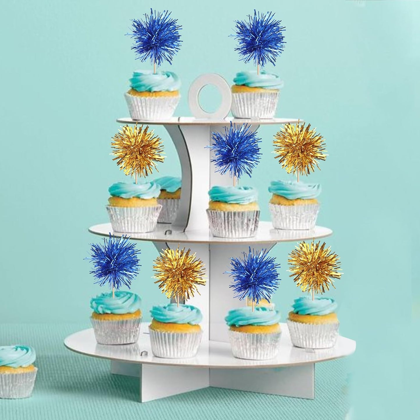 40 PCS Foil Firework Cupcake Toppers Sparkle Tinsel Cupcake Picks Fireworks Birthday Party Decorations Cocktail Fruit Toothpick for Birthday Wedding Graduation Party Decorations Supplies Gold Blue