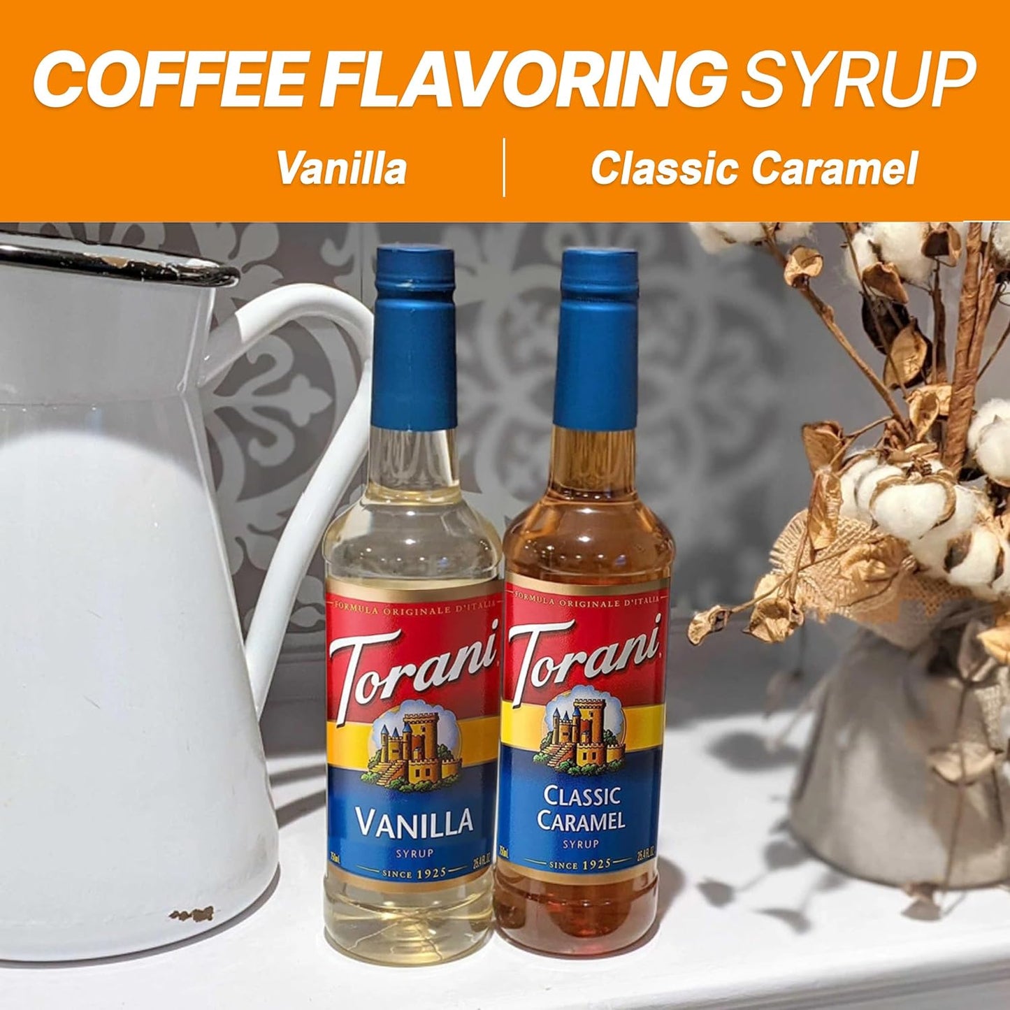 2 Syrup Pump Dispenser Bundle with Torani Coffee Syrup, Vanilla & Caramel Flavors, 25.4 oz Bottles