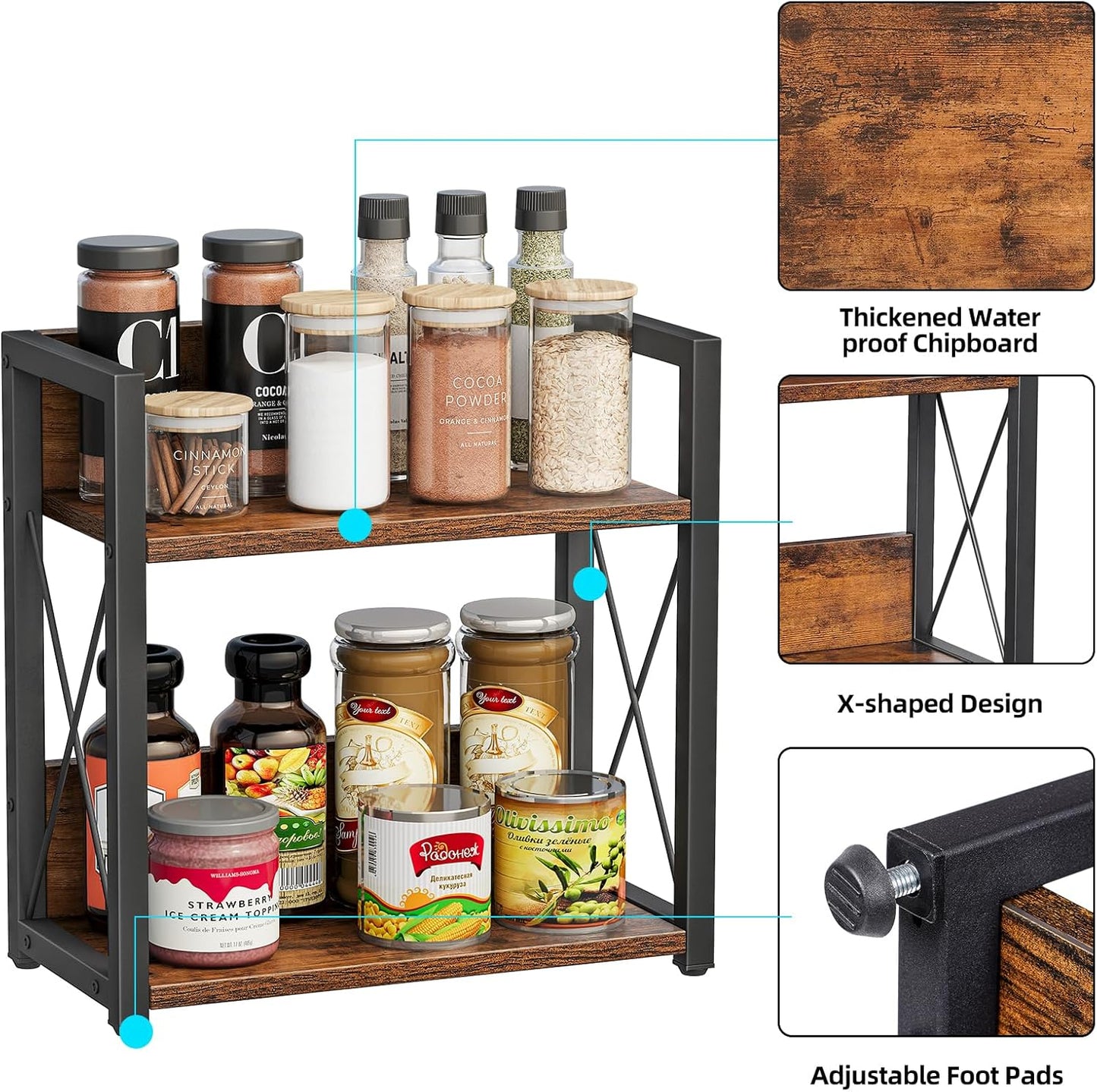 Giikin Counter Shelf Organizer, 2 Tier Kitchen Spice Rack for Countertop, Wood Coffee Counter Organizer for Home (Rustic Brown, L)