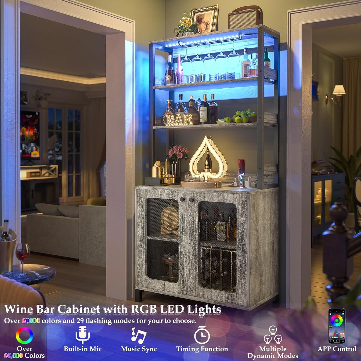 Aheaplus Bar Cabinet with Power Outlets, 67" Tall Wine Bar Cabinet Liquor Cabinet with LED Lights and Glass Holder, Coffee Bar Station for Living Room, Microwave Stand Bakers Rack Cabinet, White Oak