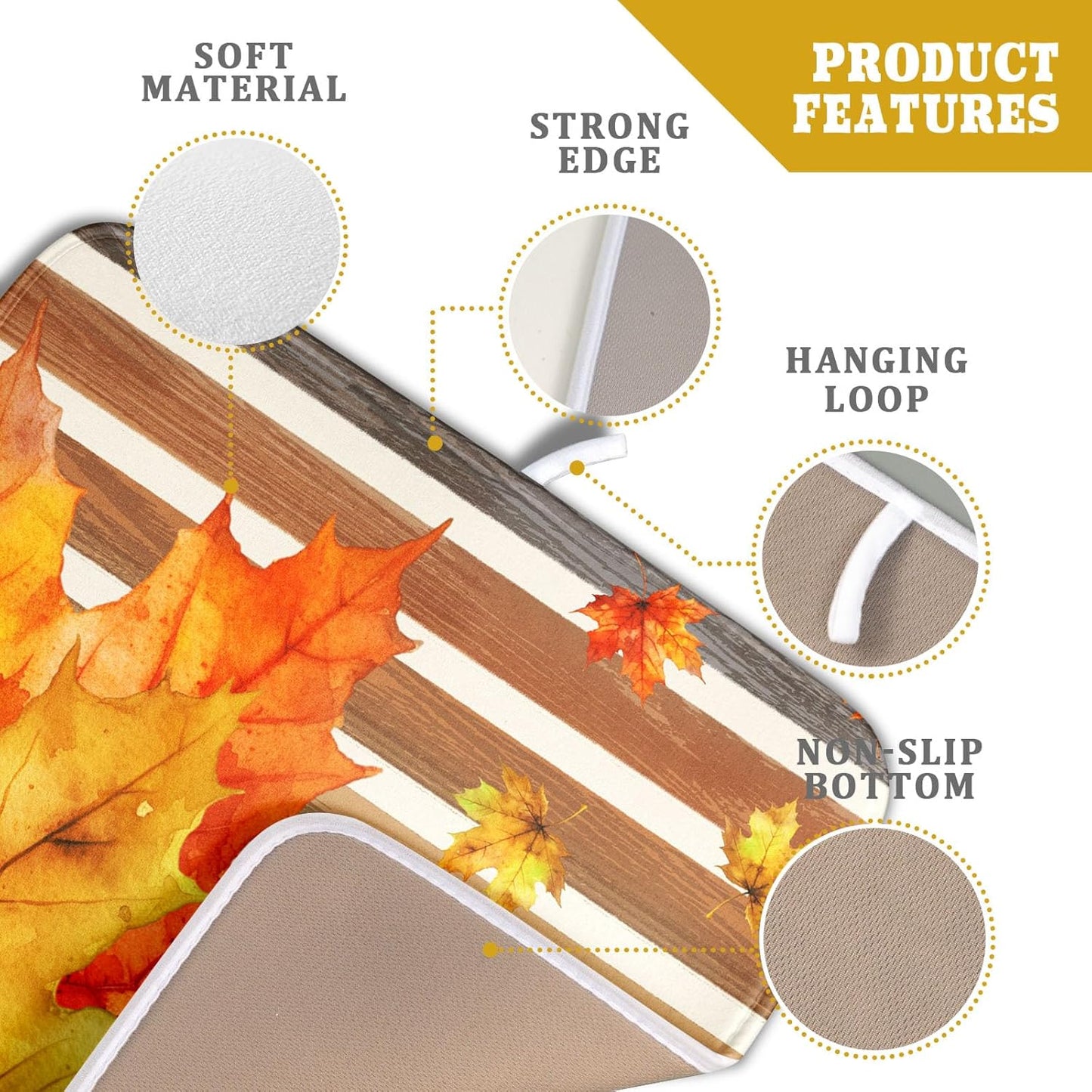 Autumn Golden Maple Leaf Dish Drying Mat for Kitchen Counter,Rural Wood Light Brown Stripes Drying Mat 16 x 18 Inch Microfiber Dish Drying Pad Dish Rack Drainer Mat for Coffee Bar