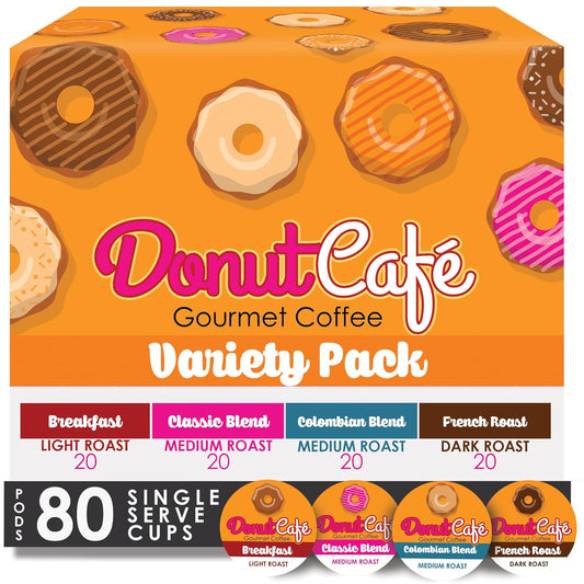 Donut Café Single Serve Coffee Pods for Keurig K Cup Brewers, Light Medium and Dark French Roast, Breakfast Classic Blend, Colombian, Variety Pack, 80 Count