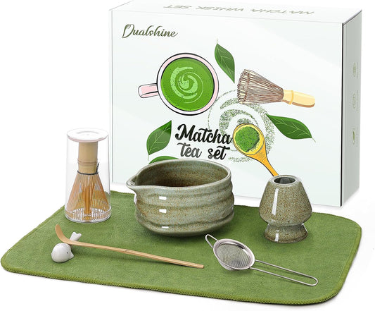 Matcha Whisk Set, 7 Pcs Matcha Kit Includes 18 oz Ceramic Matcha Bowl with Spout, Bamboo Whisk and Holder,Scoop with Stand, Sifter & Tea Towel, Complete Matcha Making Kit