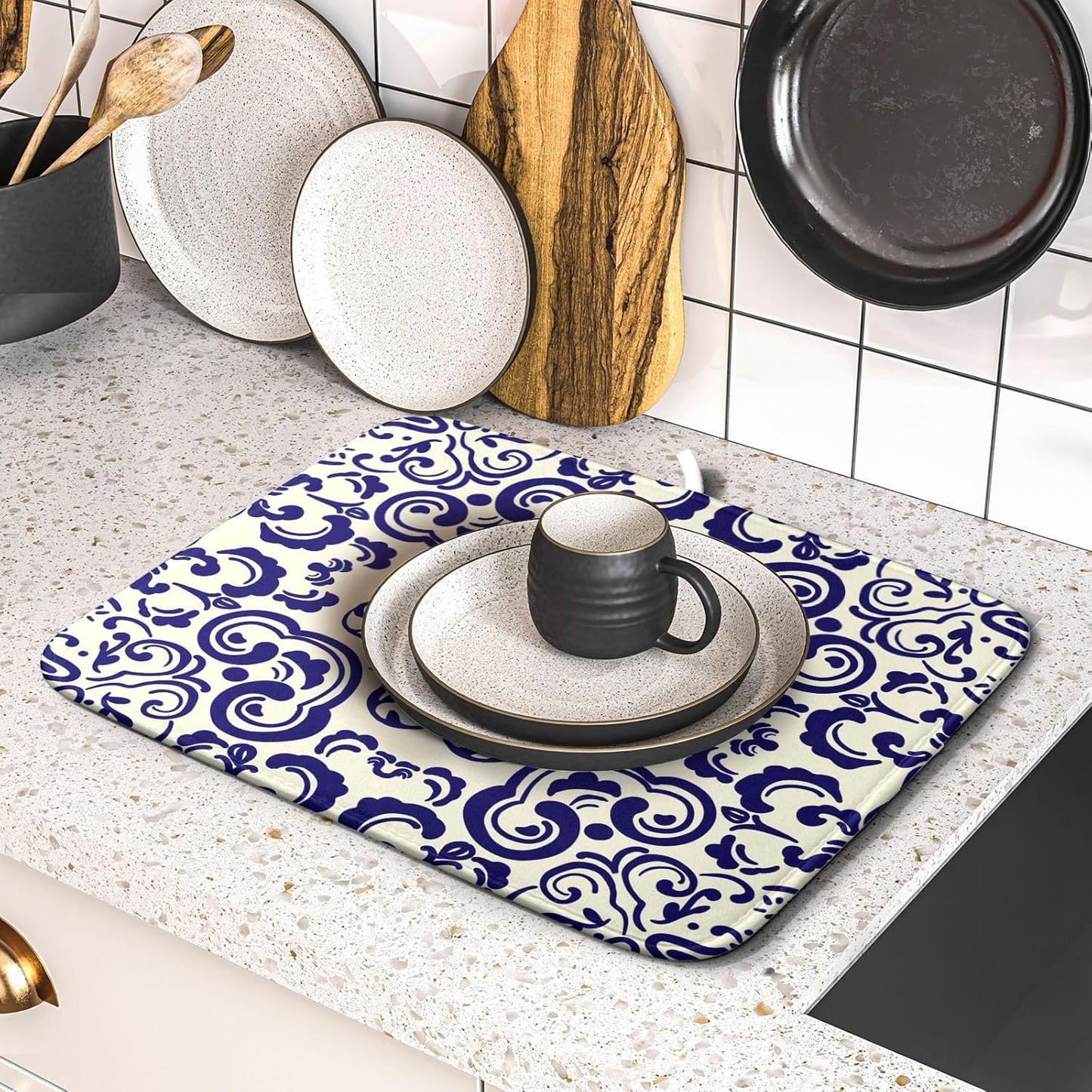 Boho Ethnic Design Dish Drying Mat for Kitchen Counter,Blue Bohemian Mandala Drying Mat 16 x 18 Inch with High Absorbent Reversible Microfiber Dish Drying Pad Dish Rack Pad Drainer Mat for Coffee Bar