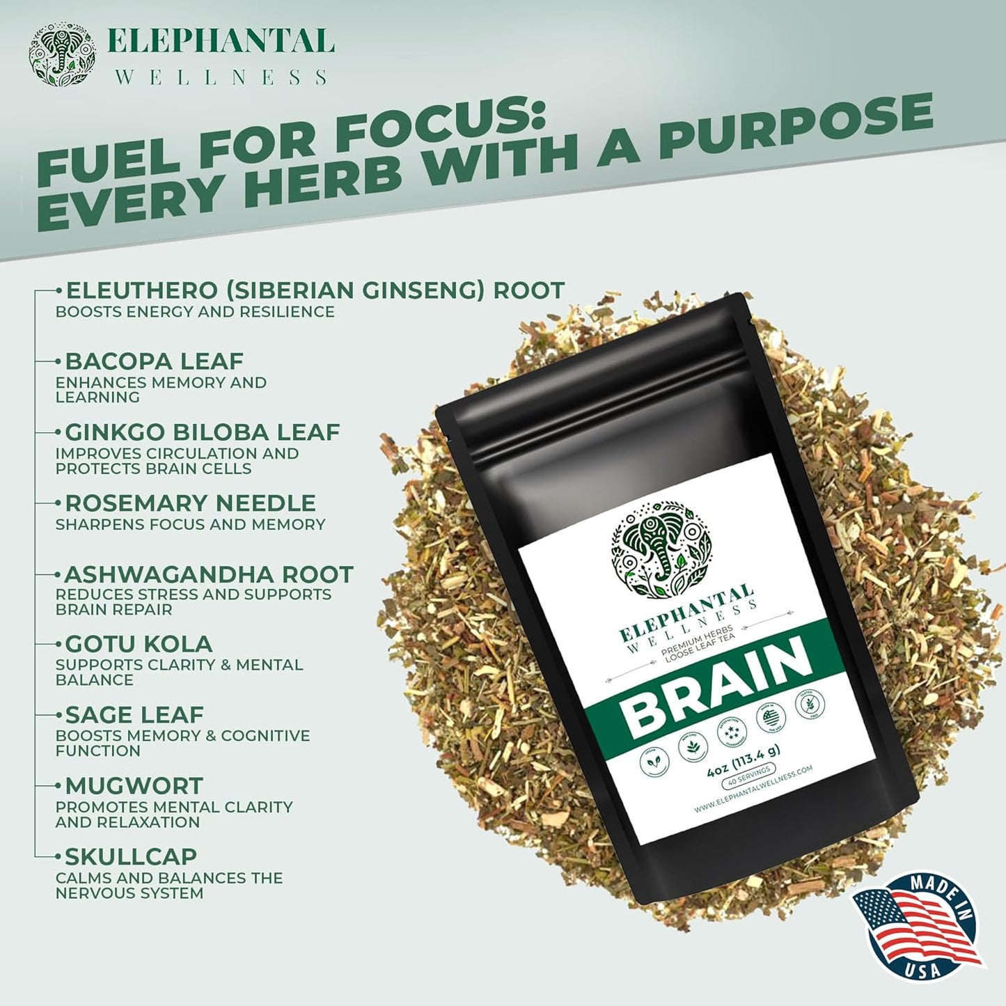 Elephantal Wellness Premium Brain Herbal Tea | Nootropic Focus & Mental Clarity Support with Ginkgo, Bacopa, Ashwagandha & Gotu Kola | Handmade, Caffeine-Free, Non-GMO Loose Leaf Blend, 4oz Loose Leaf, 40 Servings