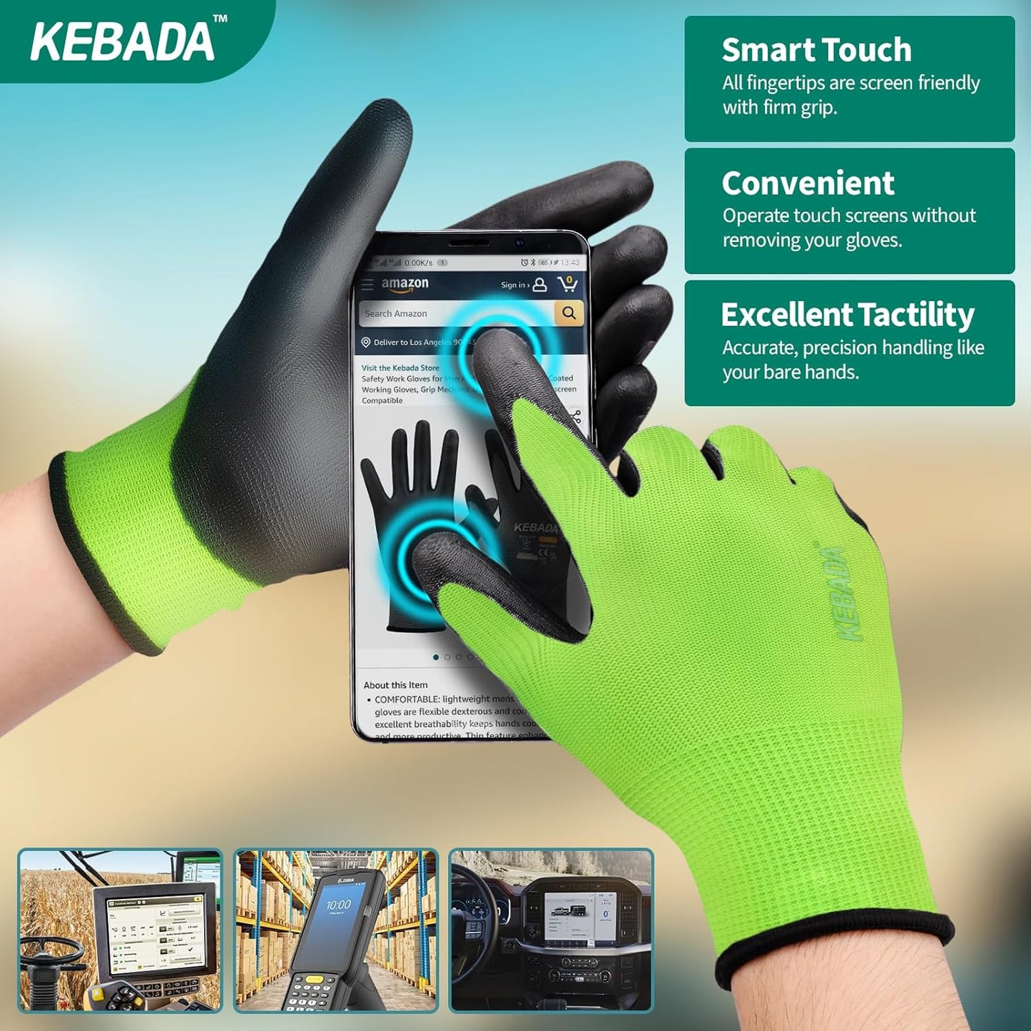 Kebada W1 Work Gloves for Men and Women, PU Coated Safety Gloves with Grip, Touchscreen, Ideal for Warehouse Package Handling, Construction, Gardening, Green XX-Large