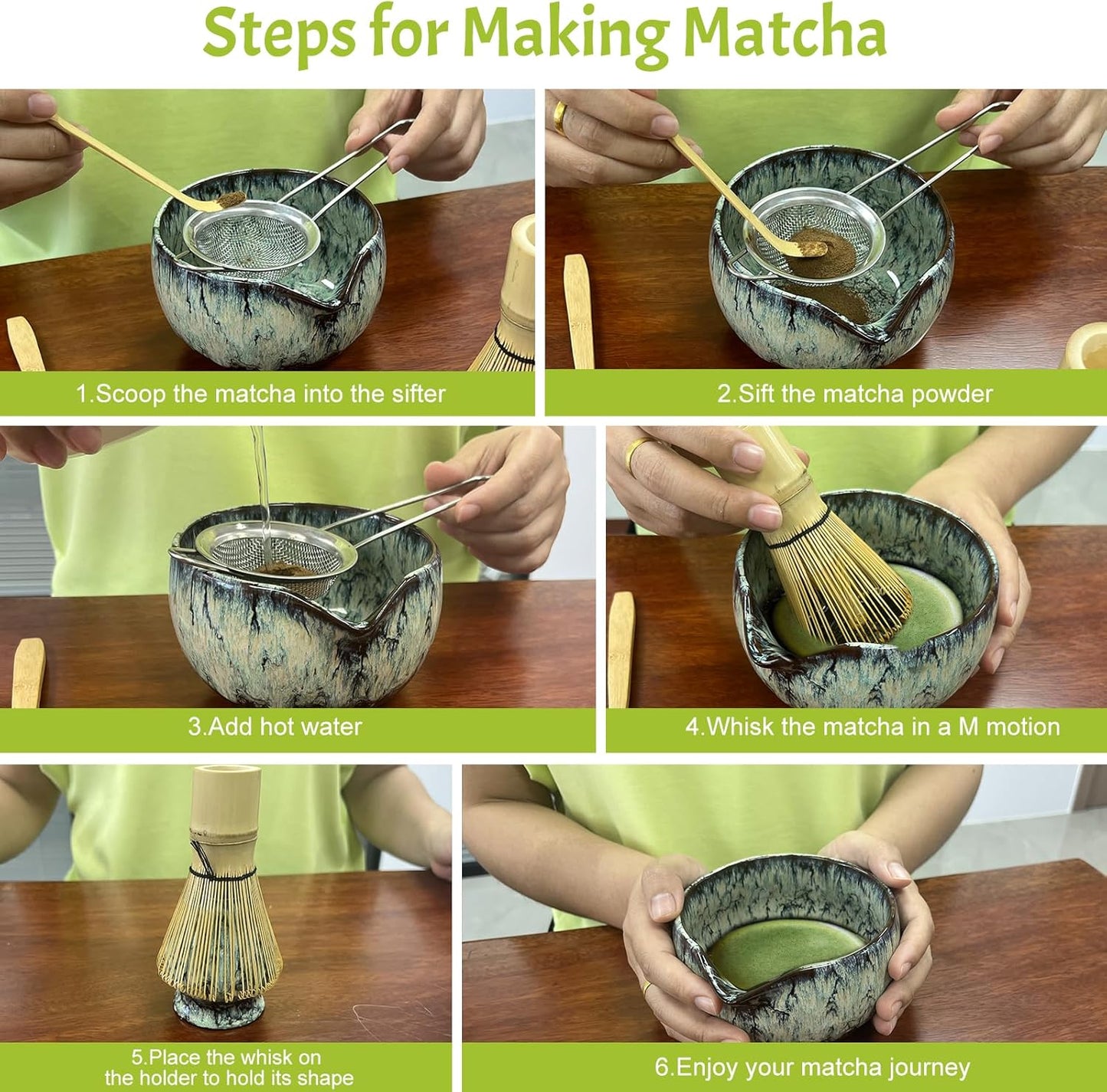 Matcha Whisk Set,6Pcs Matcha Kit Includes Matcha Whisk and Holder,Matcha Bowl with Spout,Matcha Sifter and 2Pcs Matcha Spoon,Suitable as a gift for those who like matcha (Quenching Blue)