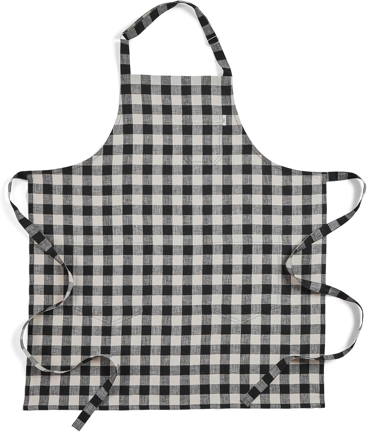 Solino Home Linen Bib Apron for Men & Women - Black and Cream Kitchen Apron with Front Pockets - Handcrafted from European Flax