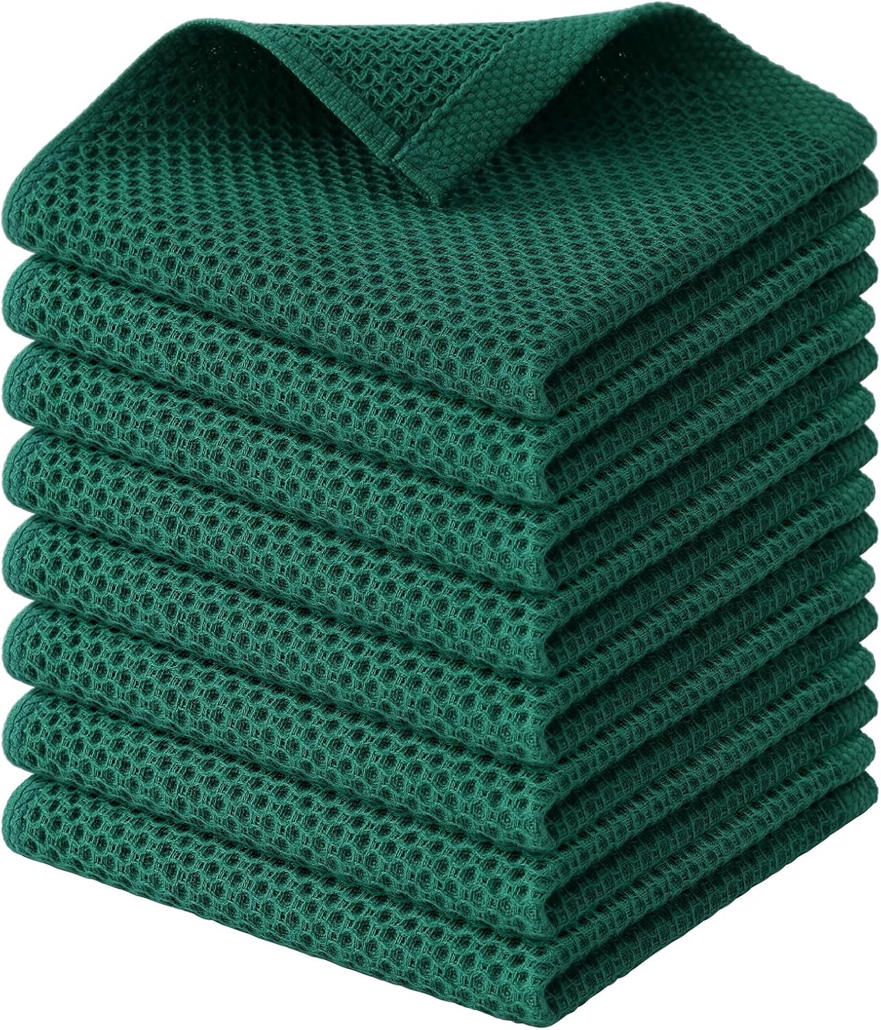 Kitinjoy 100% Cotton Kitchen Dish Cloths, 8 Pack Waffle Weave Ultra Soft Absorbent Dish Towels for Drying Dishes Quick Drying Kitchen Towels Dish Rags, 12 X 12 Inches, Dark Green