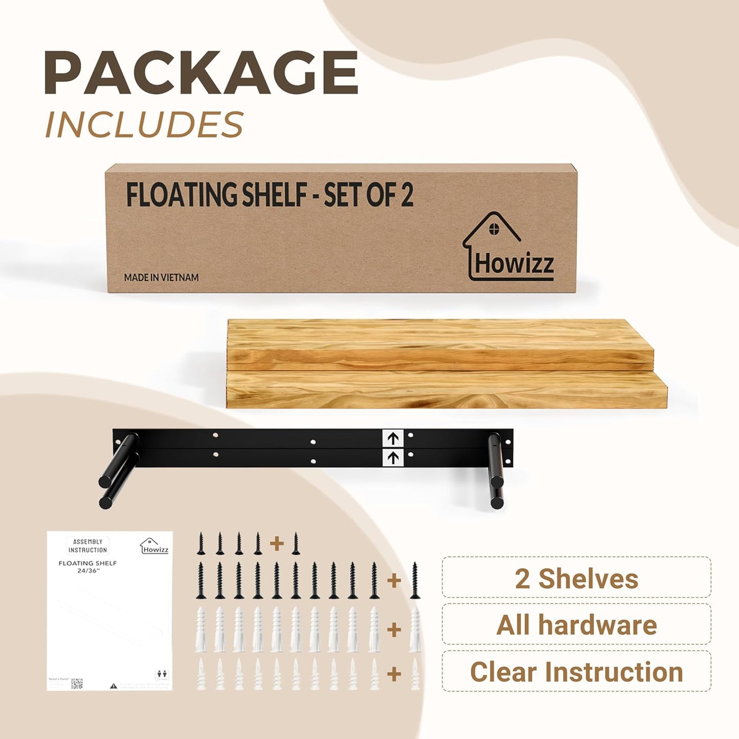 24'' Pine Wood Floating Shelves for Wall- Set of 2 - Rustic Wall Mounted Wooden Shelf for Stylish Home Décor (Light Walnut, 24x6.5x1.25), 2pcs