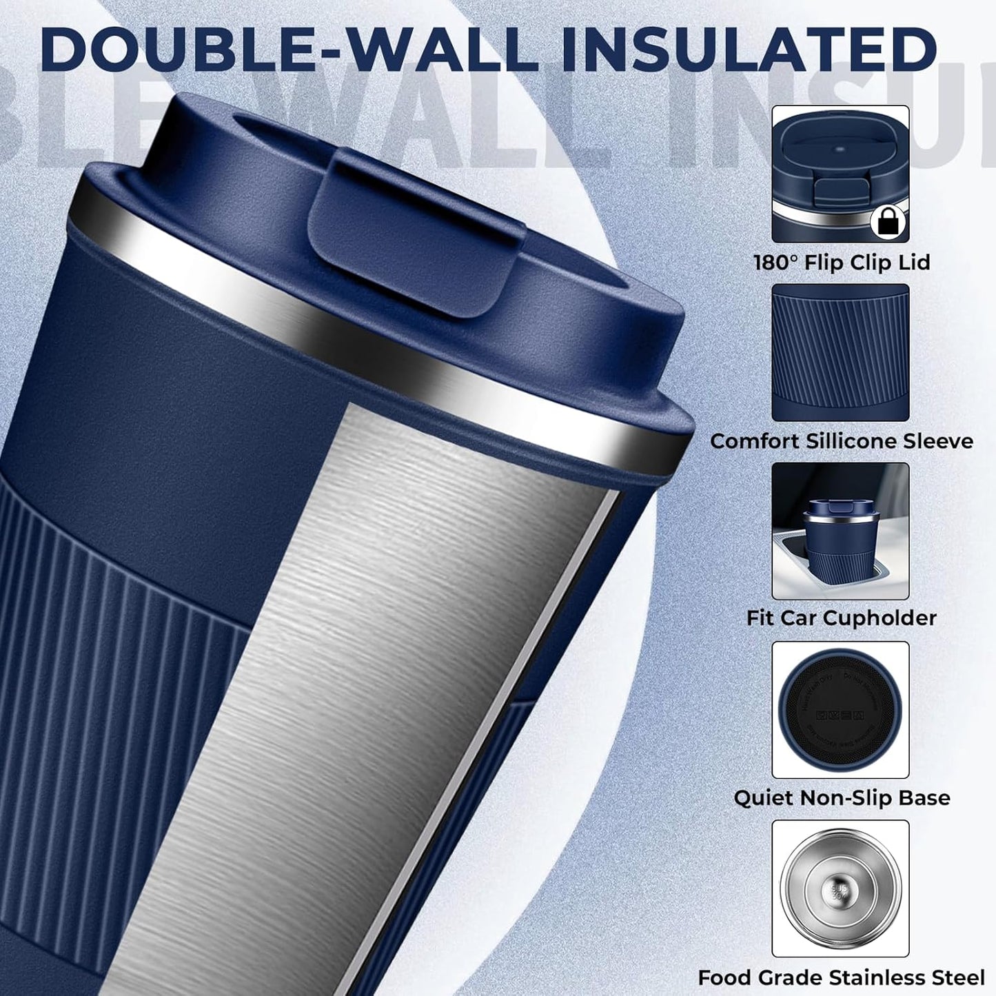 Insulated Coffee Tumbler 17 oz, Stainless Steel Coffee Mug with Lids, Travel Coffee Mug Leak Proof, Double Wall Vacuum Insulated Reusable Coffee Cup, Keep Drinks Hot and Cold (Navy Blue, 17 Ounces)