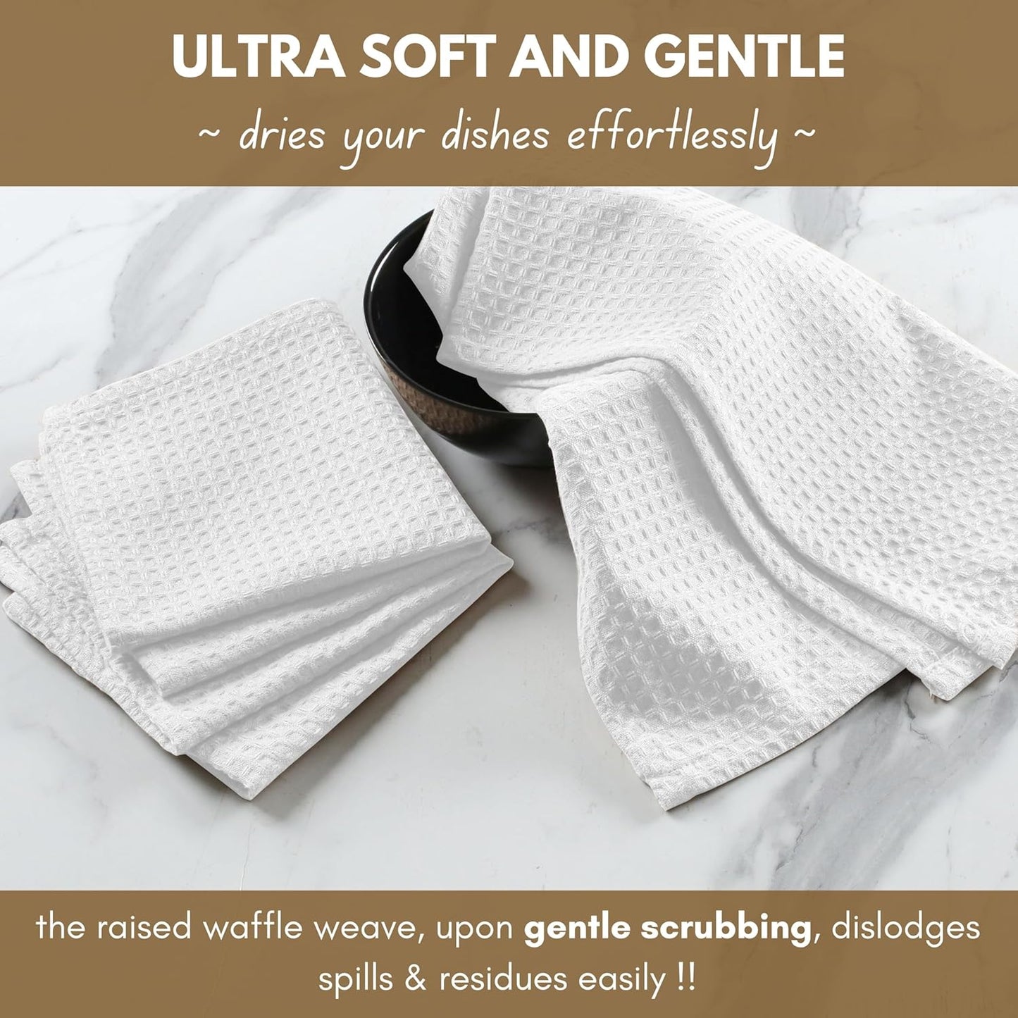 Native Fab Cotton Kitchen Towel with Hanging Loop 16x26 inches, 6-Pack, Waffle Weave Kitchen Towels for Cleaning Drying, Washcloths Soft & Absorbent Cloth Rags, Bar Towel, Dish Cloth, White