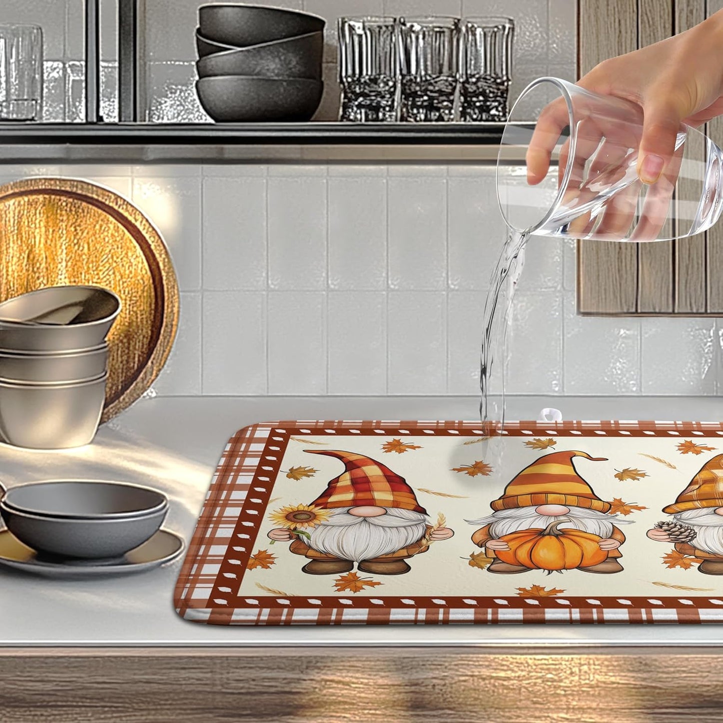 Fall Pumpkin Gnomes Dish Drying Mat Maple Leaves Autumn Large Kitchen Mats Dish Drying Pad Absorbent Dish Dryer Mat for Kitchen Countertops Microfiber Drainer Pad Dish Drying Mats (18x24 in)
