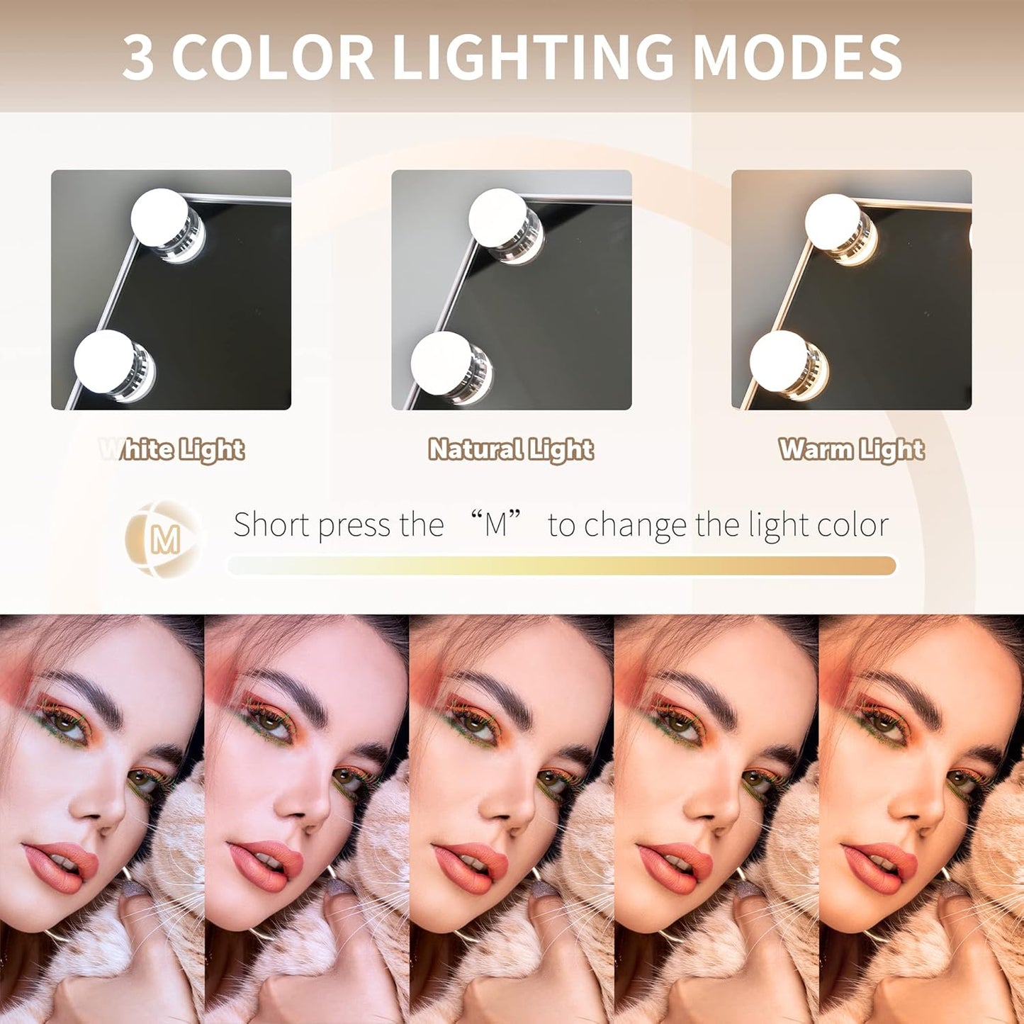 Hollywood Vanity Mirror with Lights, 9 Dimmable LED Bulbs Lighted Makeup Mirror with Detachable 10X Magnification Mirror, 1200mAh Rechargeable, 3 Color Lights, Gifts for Women Mom Teen Girls