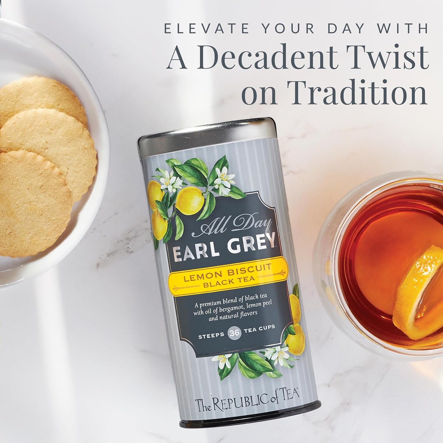 The Republic of Tea – All Day Earl Grey Lemon Biscuit Black Tea, Naturally Caffeinated, 36 Tea Bags