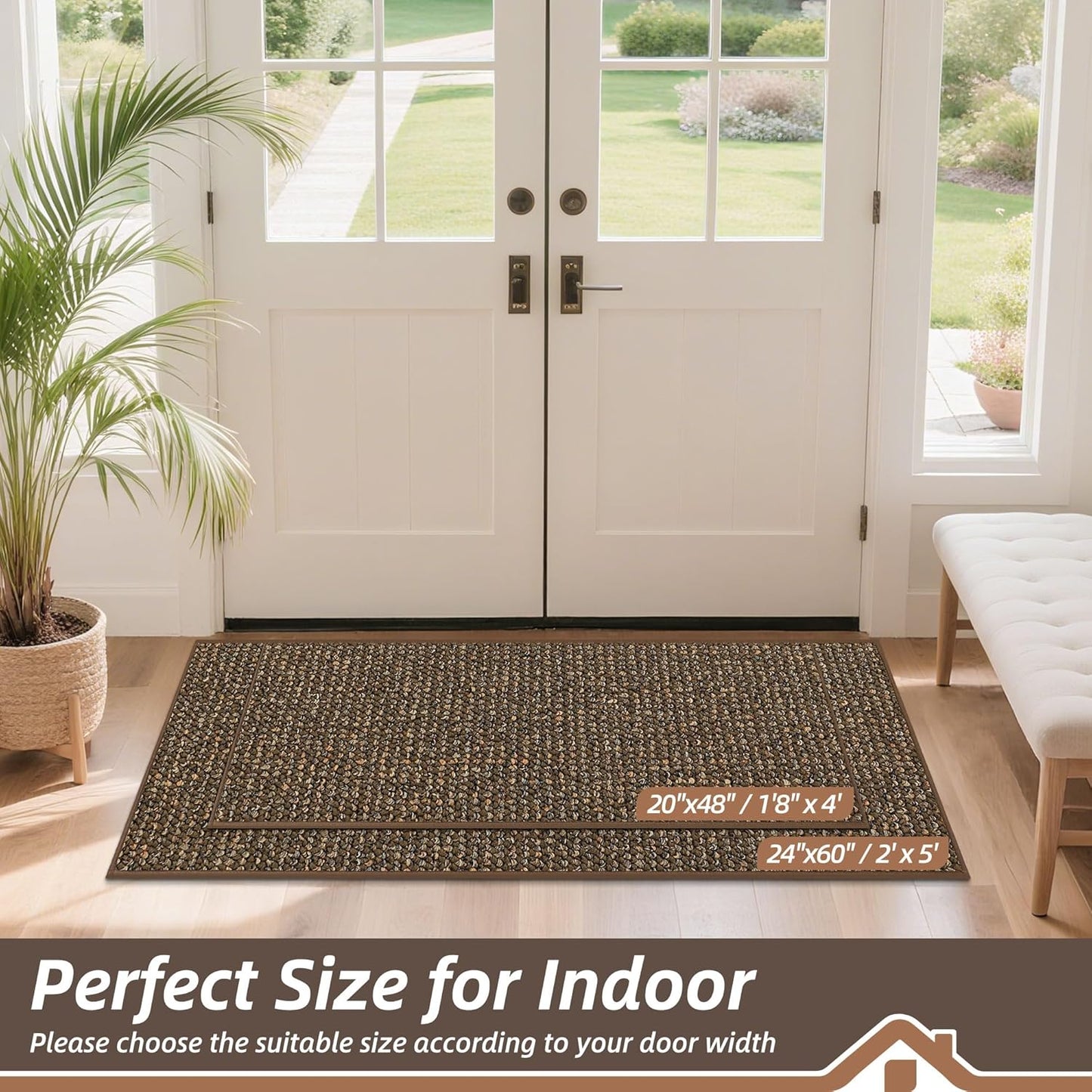 BEQHAUSE Dirt Trapper Door Mat 24" x 60", Non-Slip Washable Doormats Entrance Mat, Dirt Resistant and Absorbent Welcome Mat, Low Profile Floor Mats for Front Back Door and Entryway, Brown