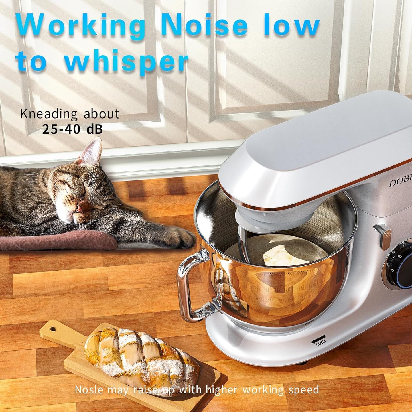 DOBBOR Electric Stand mixer, 9.5QT 660W 6 Speeds Tilt-Head Dough Mixers, Bread Mixer with Dough Hook, Whisk, Beater, Splash Guard for Baking Bread, Cake, Cookie, Pizza, Muffin, Salad and More - Sliver