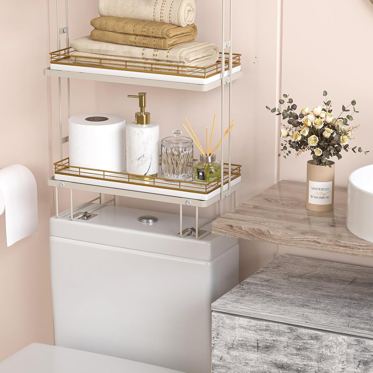 Bathroom Toilet Tank Tray, 13" Wood Toilet Paper Storage Basket Tray Back of Toilet Basket Organizer,Vanity Tray for Perfume Makeup Candle Decor, Gold & White