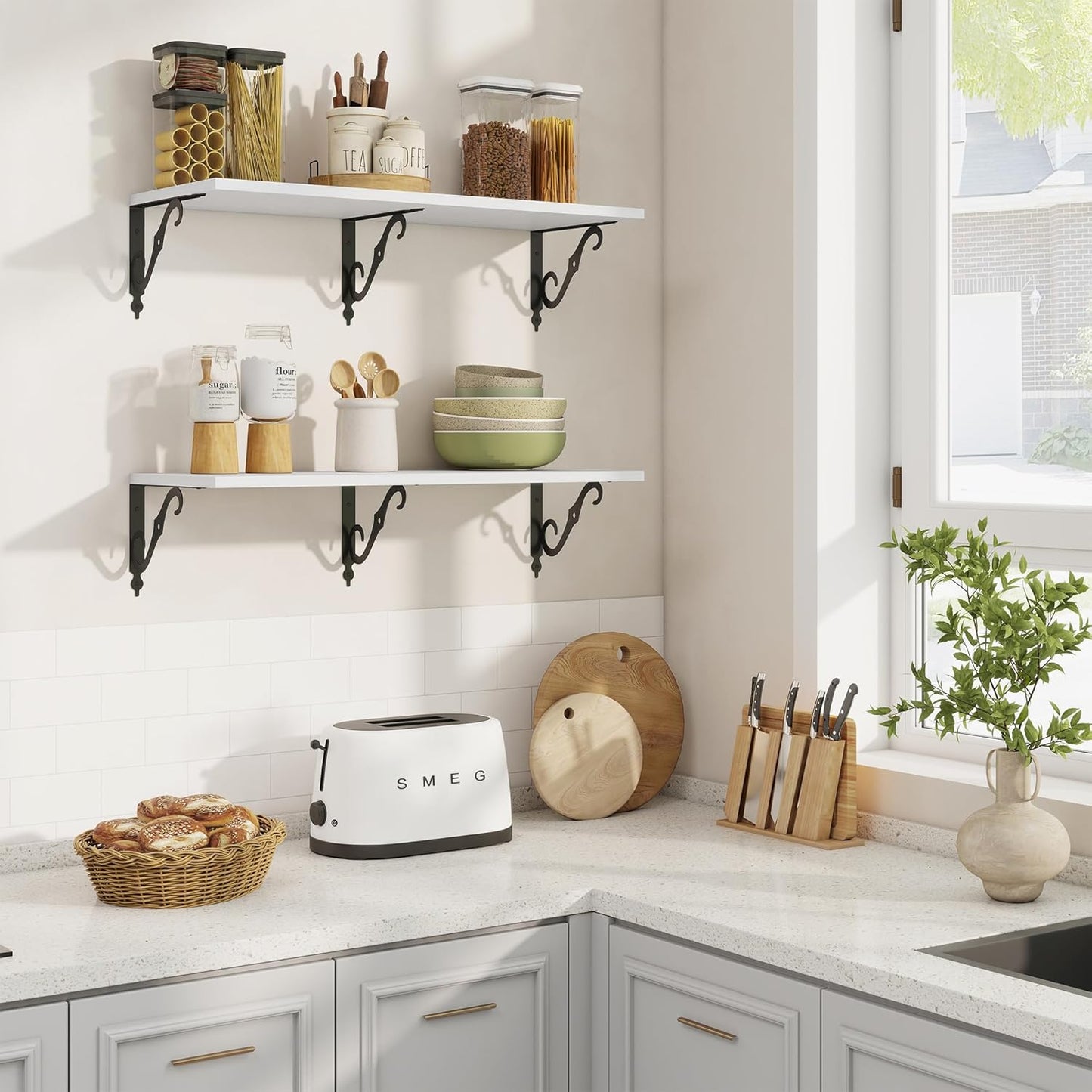 RICHFOCUS 12 Inch Deep Floating Shelves for Wall, 31.5" W x 12" D Wood Wall Shelves Set of 2, Wide Floating Shelves for Living Room, Bedroom, Kitchen, Bathroom and Decor Storage, White