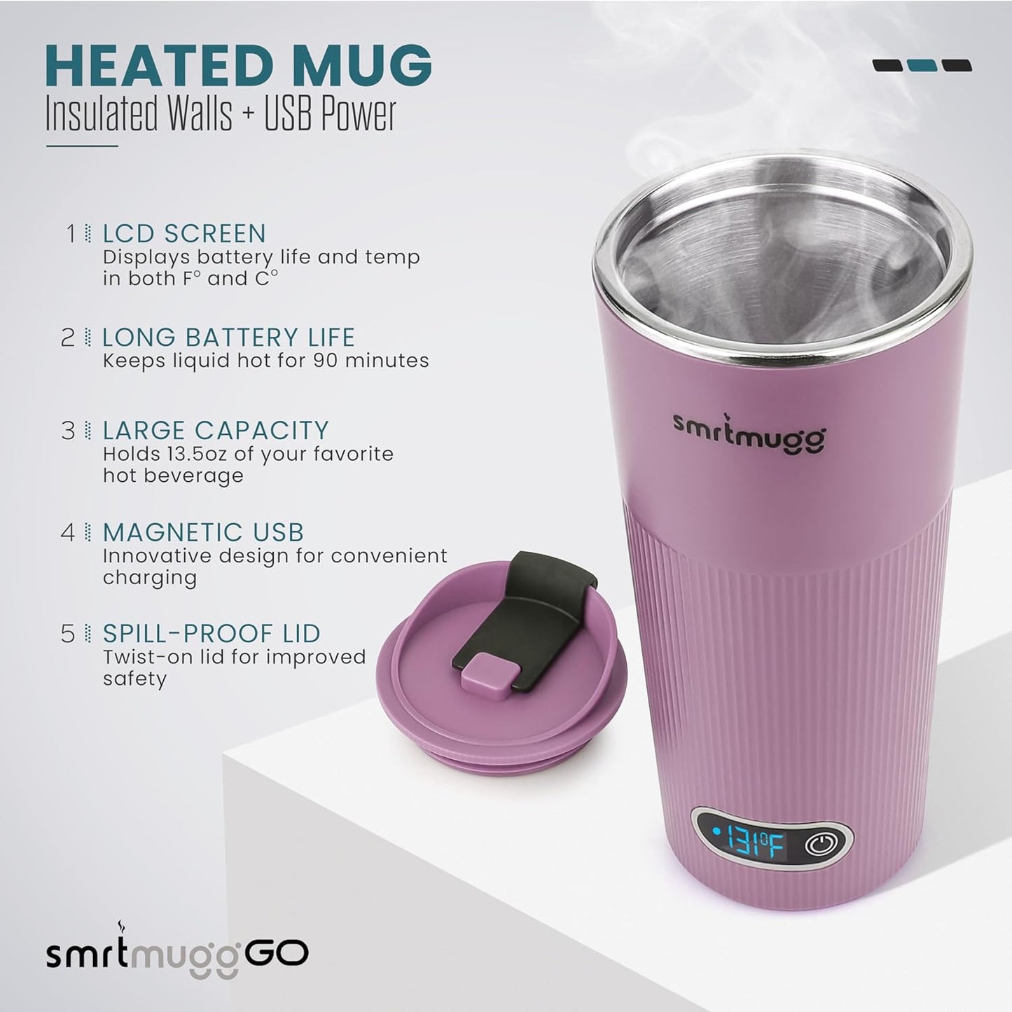 GO Heated Coffee Mug, Travel Mug, 13.5 OZ. Smart Mug, Battery Powered Heated Coffee Mug, Great for Coffee and Tea, Snap on Magnetic Charging Cord, New and Improved (Lilac)