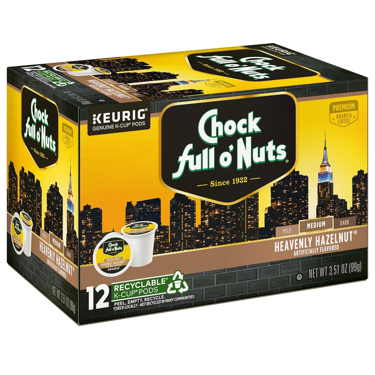 Chock Full o'Nuts Heavenly Hazelnut Coffee, Compatible with Keurig K-Cup Pods, 12 CT (Pack of 6)