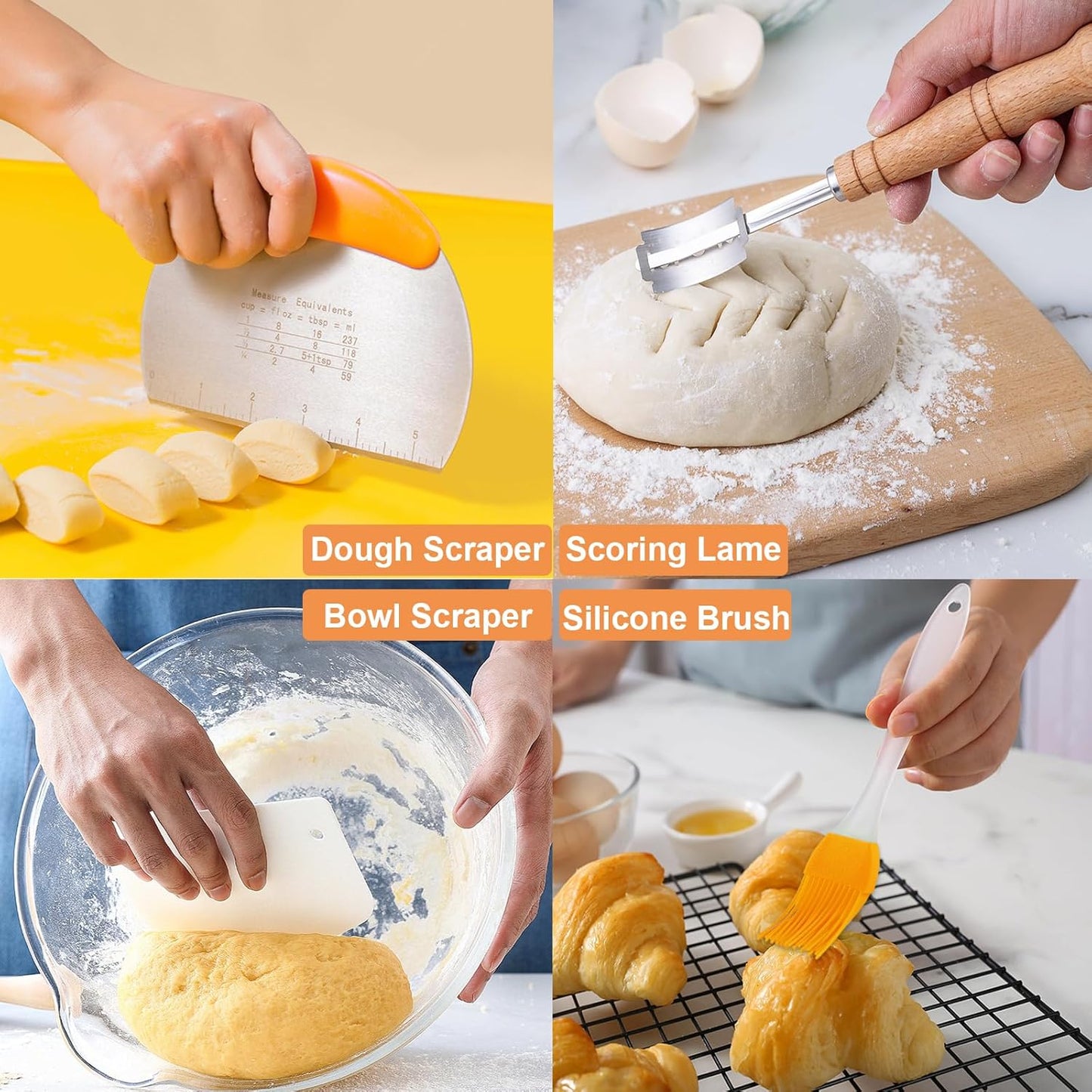 2PCS 9Inch Round Banneton Bread Proofing Basket Sets,Sourdough Bread Baking Supplies with Linen Liners,Silicone Bread Sling,Danish Whisk,Scoring Cutter,Dough Scraper