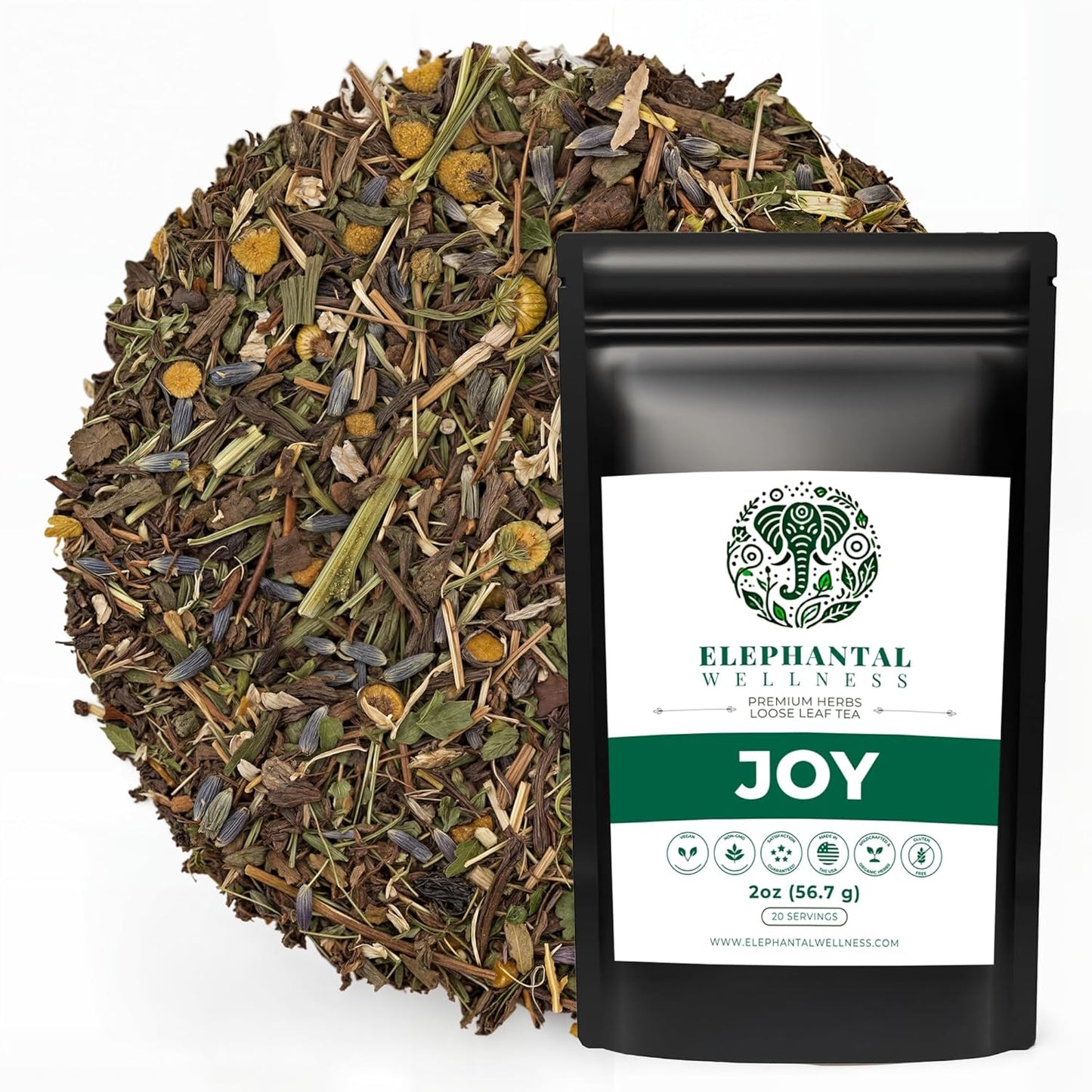 Elephantal Wellness Premium Joy Herbal Tea | Mood & Emotional Balance Support with St. John’s Wort, Kava, Ginkgo & Lavender | Handmade, Non-GMO, Caffeine-Free Loose Leaf Blend, 2oz, 20 Servings