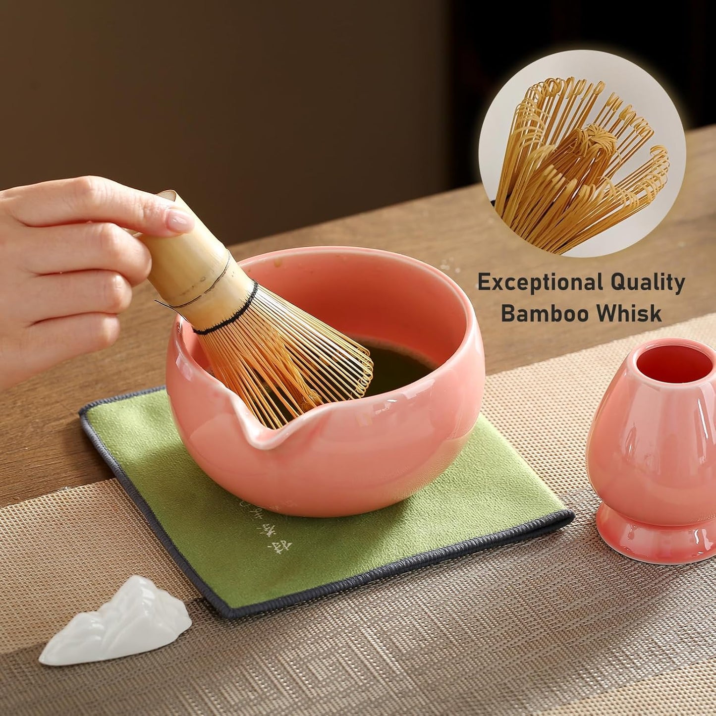 Matcha Whisk Set, Ceramic Matcha Set with Spout, Matcha Bowl Kit with Sifter, Whisk and Holder, Bamboo Scoop, Scoop Rest, Tea Towel, 7 Pcs Matcha Kit Set for Making Breakfast/Latte for Matcha Lovers