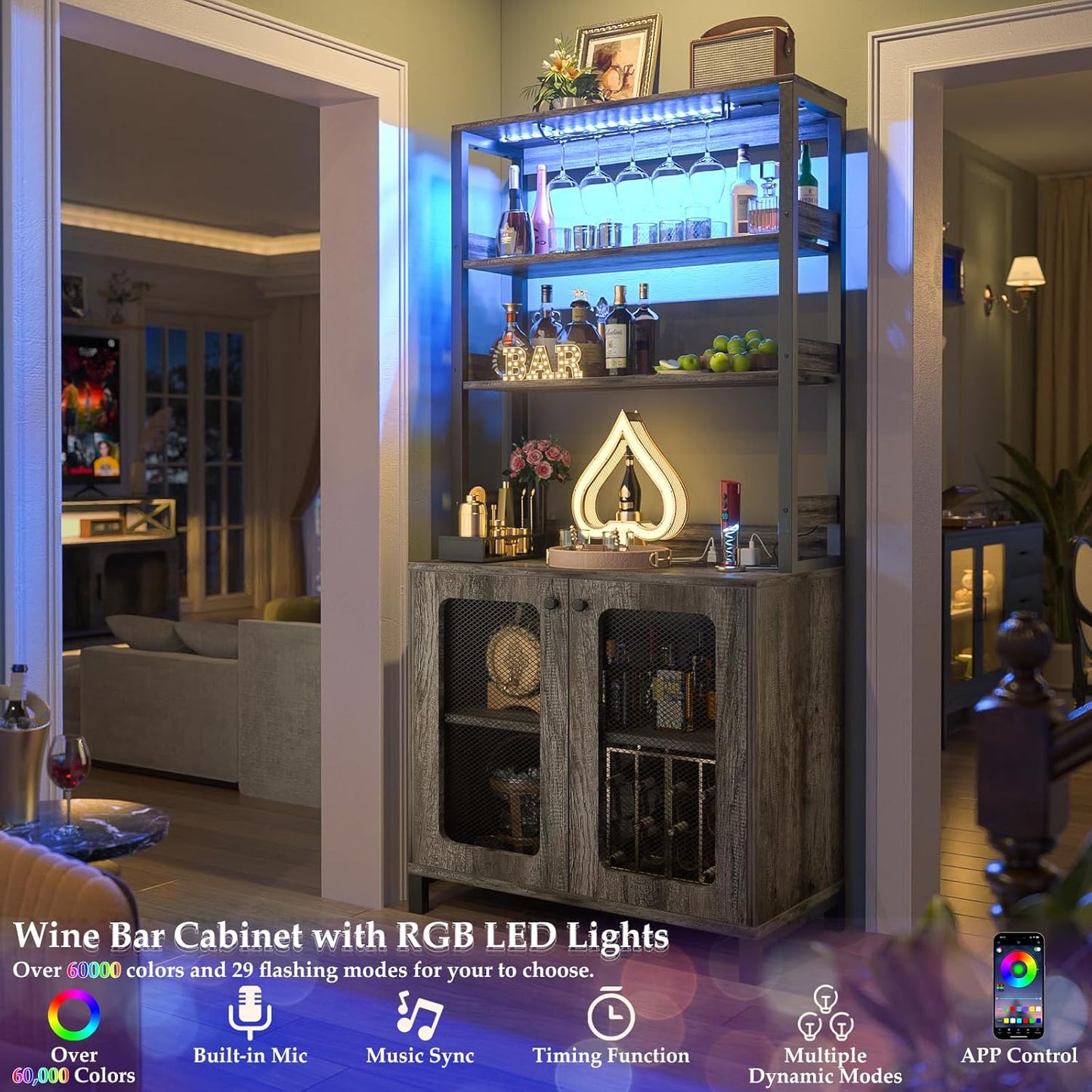 Aheaplus Bar Cabinet with Power Outlets, 67" Tall Wine Bar Cabinet Liquor Cabinet with LED Lights and Glass Holder, Coffee Bar Station for Living Room, Microwave Stand Bakers Rack Cabinet, Black Oak