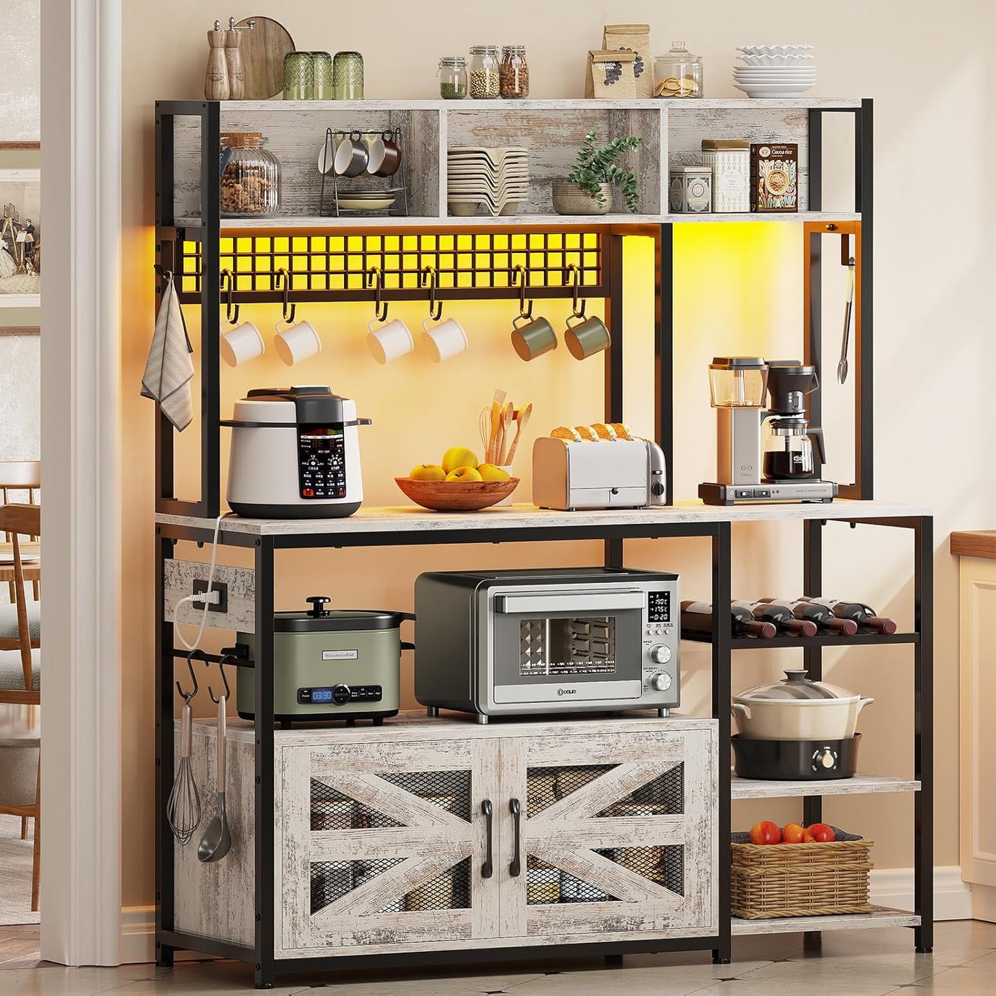Itaar 47.2 Inch Bakers Rack with Power Outlet, Microwave Stand with Storage, Farmhouse Coffee Bar Cabinet Station with Wine Rack, Iron Grid and 8-S Hooks, Vintage White