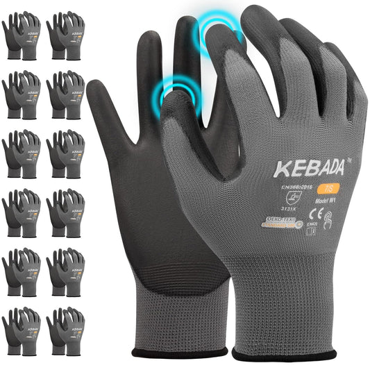 Kebada W1 Work Gloves for Men and Women, PU Coated Safety Gloves with Grip, Touchscreen, Ideal for Warehouse Package Handling, Construction, Gardening, 12 Pairs Gray XXL
