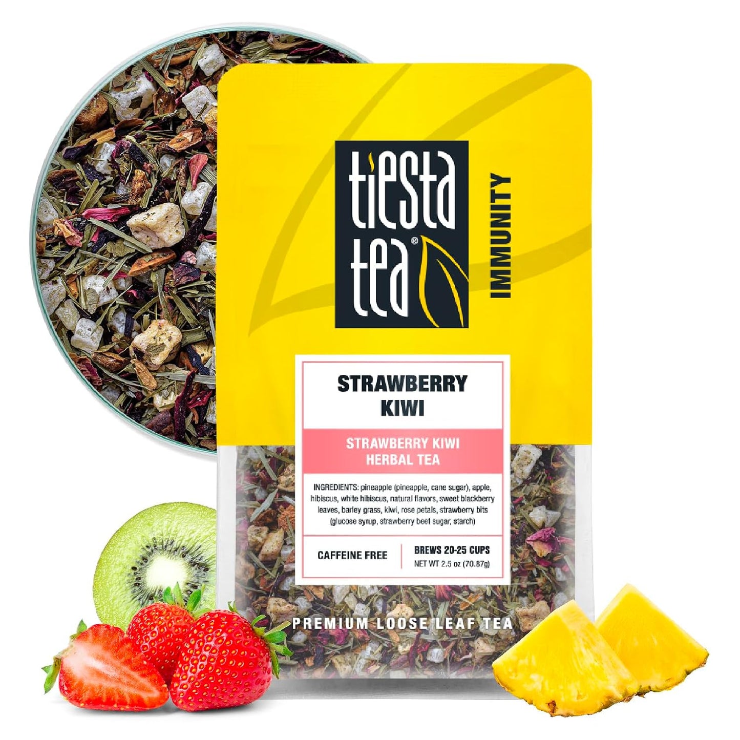 Tiesta Tea - Strawberry Kiwi Herbal Tea, Loose Leaf, Strawberry Hibiscus Kiwi Fruit Tea, Premium Caffeine-Free Herbal Blend, Make Hot or Iced & Up to 25 Cups, 2.5 oz Resealable Pouch