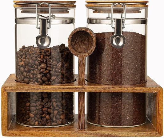 Yangbaga Glass Coffee Container with Wooden Shelf,2×45OZ Coffee and Sugar Container Set,Coffee Canisters with Airtight Lids and Scoop,Large Capacity Food Storage Jars for Coffee Beans,Nuts,Tea,Sugar