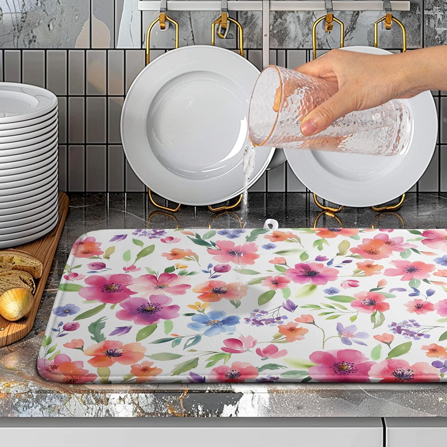Spring Floral Dish Drying Mat Flowers Summer Kitchen Mat Dish Drying Pad Absorbent Dish Dryer Mat for Kitchen Countertops Microfiber Dishes Drainer Pad Dish Drying Rack Mat (18x24 in)