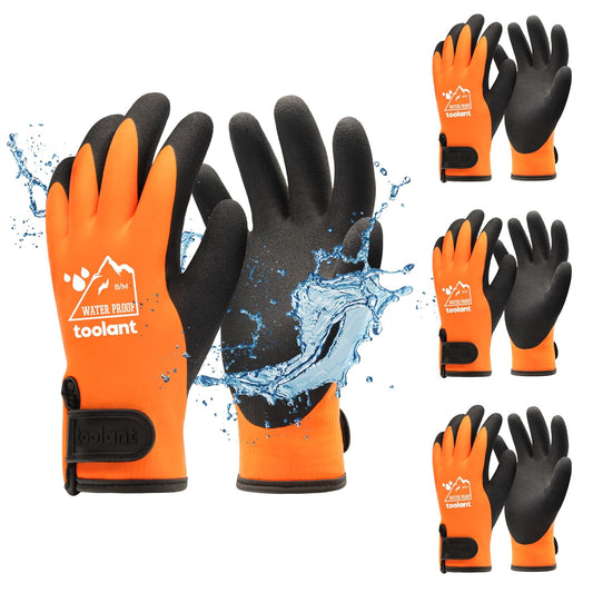 toolant 100% Waterproof Gloves Bulk Pack, 3 Pairs, Winter Work Gloves for Cold Weather, Touchsreen, Warm Freezer Gloves, Thermal Insulated, With Grip, Orange, Medium