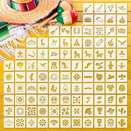100 Pcs Stencils for Painting on Wood Reusable Stencil Crafts Drawing Templates Holiday Wall Paper for DIY Scrapbook Home 2 x 2 Inch(Mexican Festival)