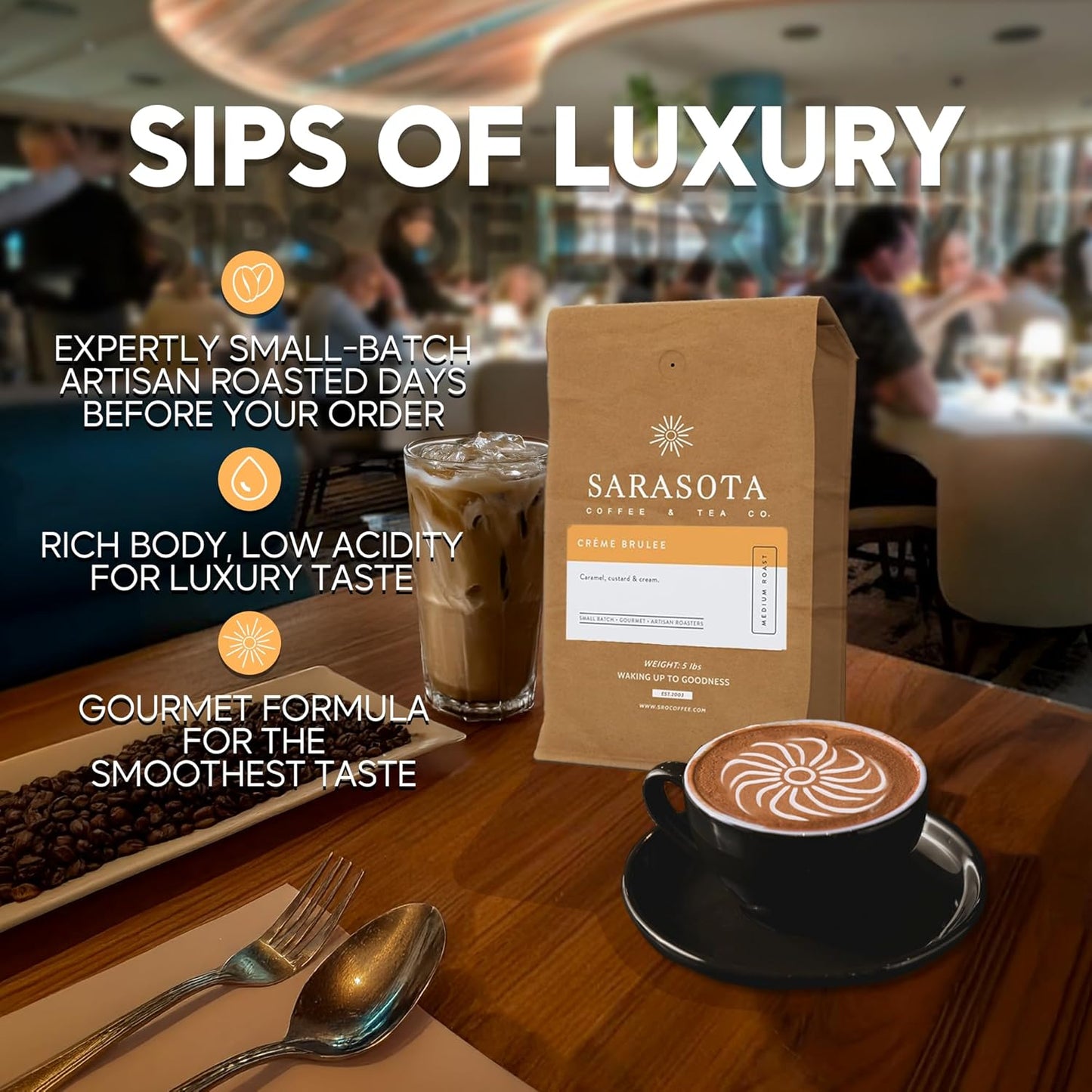 Sarasota Coffee Whole Bean Creme Brulee | Medium Roast Gourmet Flavored Coffee Beans | Low Acid, Mold Free, Specialty Grade Bulk Beans | 5lb (80 oz)