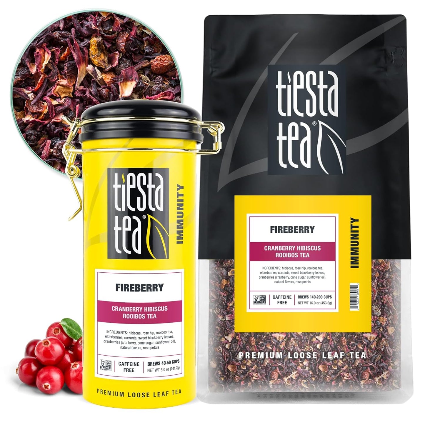 Tiesta Tea - Fireberry Cranberry Hibiscus Loose Leaf Tea, Premium Caffeine-Free Rooibos Blend, Brew Hot or Iced, Makes Up to 250 Cups, 16oz Bulk Pouch & 5oz Refillable Tin Set