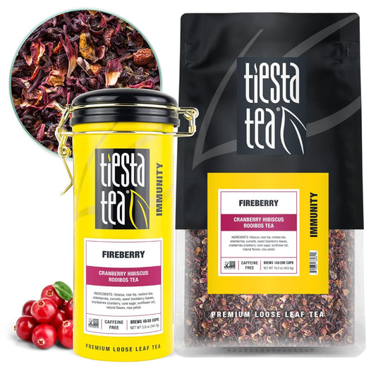 Tiesta Tea - Fireberry Cranberry Hibiscus Loose Leaf Tea, Premium Caffeine-Free Rooibos Blend, Brew Hot or Iced, Makes Up to 250 Cups, 16oz Bulk Pouch & 5oz Refillable Tin Set