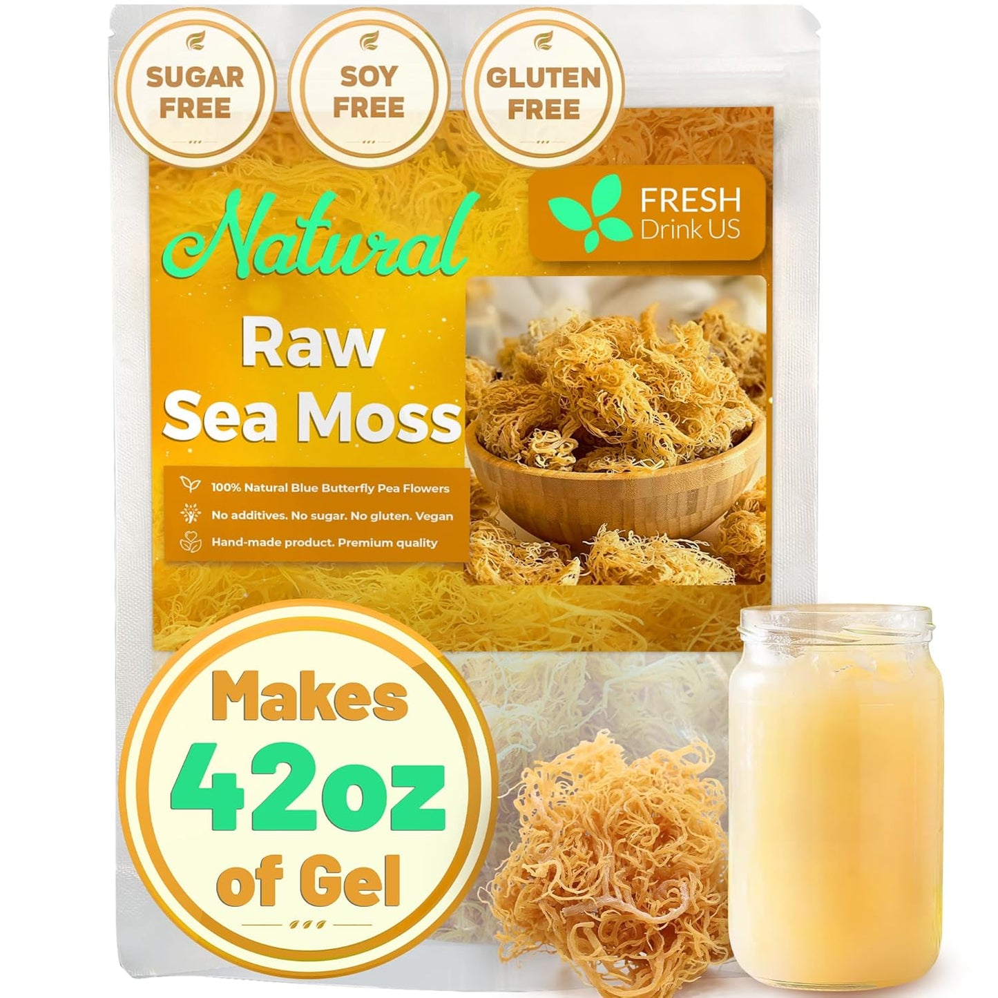 FRESHDRINKUS, Premium - Natural Sea Moss, Make 42oz of Gel, Goldne Raw Sea Moss Dried, 100% Natural & Pure, Wildcrafted, Sundried, Caffeine Free, Sugar Free, Gluten Free, Vegan, Mineral Rich