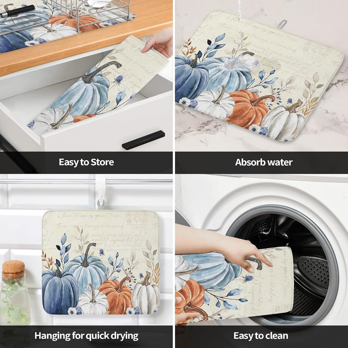 Fall Dish Drying Mat for Kitchen Counter Blue Pumpkin Drying Pad Absorbent Drying Mats for Countertops Sinks Draining Racks Floral Leaves Drainer Holiday Harvest Thanksgiving Decorations 18x24