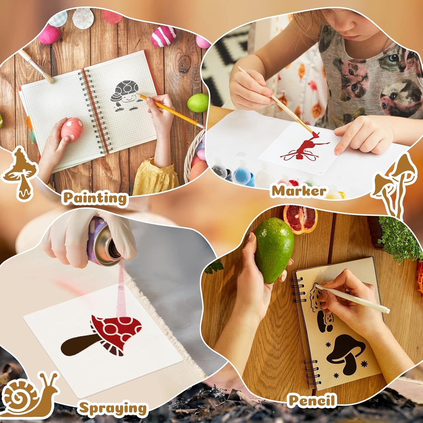 Fainne 100 Pcs Stencils for Painting on Wood Reusable Stencil Crafts Drawing Templates Holiday Wall Paper for DIY Scrapbook Home 2 x 2 Inch(Mushroom)