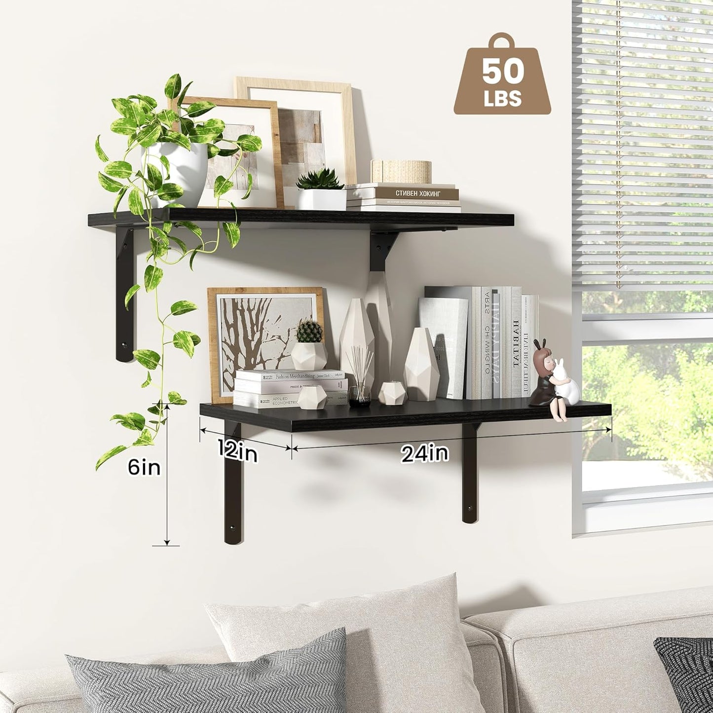 Fun Memories Floating Shelves for Wall, 12 Inch Deep Floating Shelves Set of 2, Wall Mounted Shelf with Metal Brackets, Rustic Wood Wide Shelf for Bathroom, Kitchen and Living Room, Black, 24W x 12D