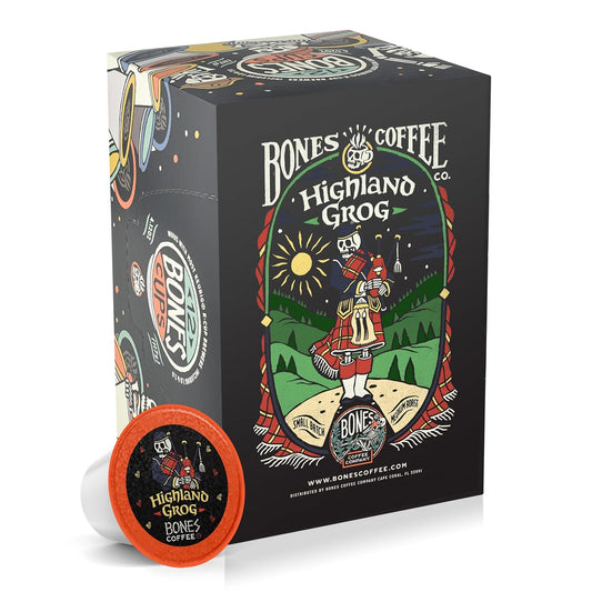 Bones Coffee Company Flavored Coffee Bones Cups Highland Grog Butterscotch Caramel | 12ct Single-Serve Coffee Pods Compatible with Keurig 1.0 & 2.0 Keurig Coffee Maker