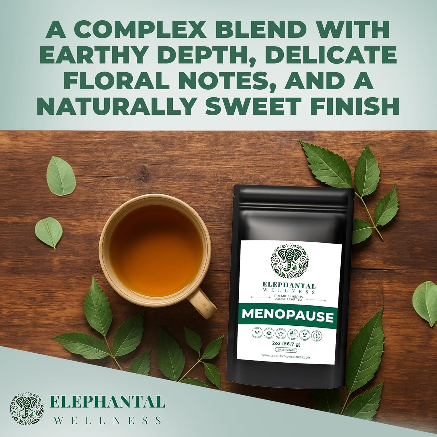 Elephantal Wellness Premium Menopause Herbal Tea | Hormonal Balance & Hot Flash Support with Chaste Berry, Red Clover, Black Cohosh & Valerian | Handmade, Caffeine-Free, Non-GMO Loose Leaf Blend | 2oz, 20 Servings