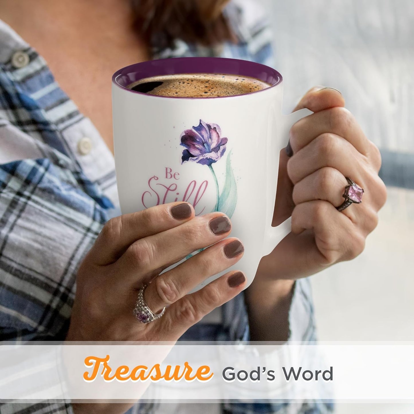 Christian Art Gifts Encouraging Scripture Ceramic Coffee & Tea Mug for Women: Be Still & Know Inspirational Psalm Bible Verse, Microwave & Dishwasher Safe, Novelty Cup, White & Purple Floral, 12 oz.