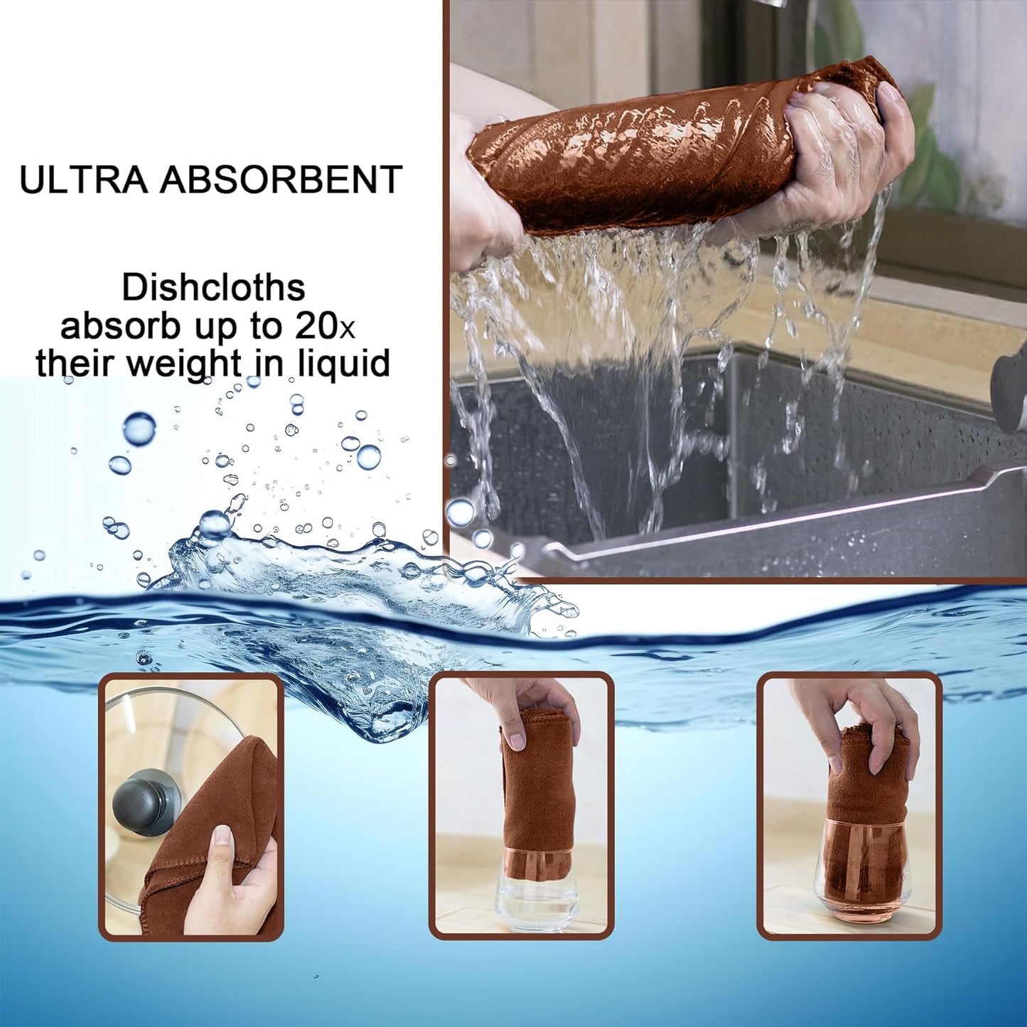 kimteny 13x28 Inches Kitchen Cloth Dish Towels, 400 GSM Premium Dishcloths, Super Absorbent Coral Velvet Microfiber Cleaning Cloths, Fast Drying Rags for Washing Dishes (6 Pack, Brown)