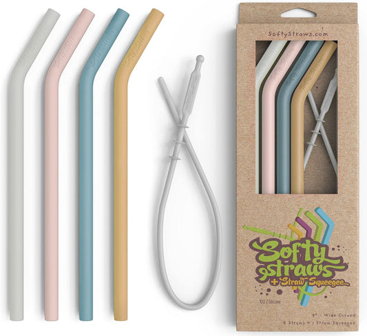 Premium Reusable Silicone Drinking Straws + Patented Straw Squeegee - 9” Long With Curved Bend for 20/30/32oz Tumblers - Neutral Pastel Colors, BPA Free, Flexible, Bendy