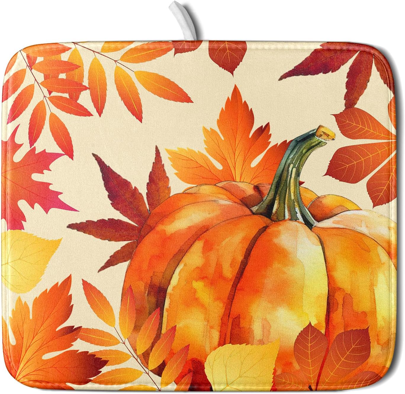 Autumn Pumpkin Maple Leaf Dish Drying Mat for Kitchen Counter,Thanksgiving Fall Holiday Drying Mat with Hanging Loop 16 x 18 Inch Microfiber Dish Drying Pad Dish Rack Drainer Mat for Coffee Bar