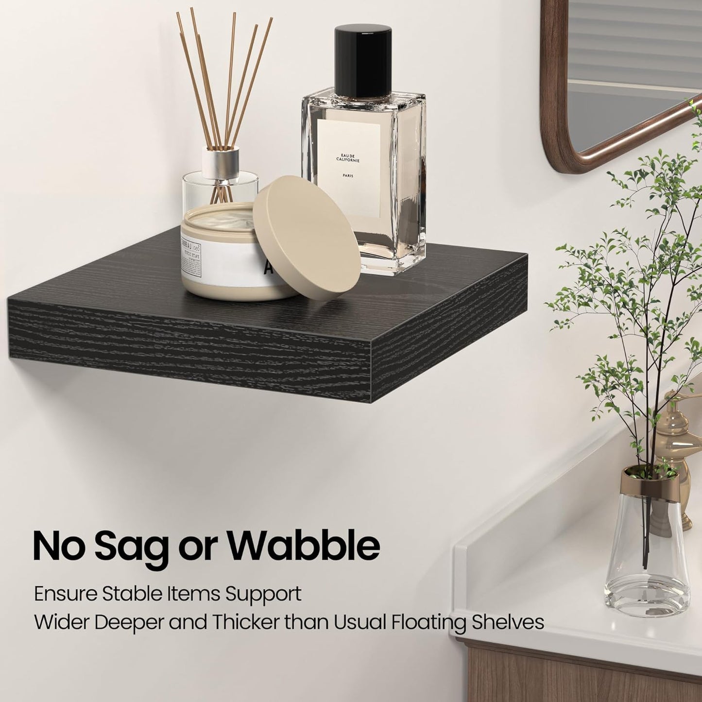 Square Floating Shelves for Wall, 12" W x 12" D x 1.2" H, Small Wooden Wall Mounted Display Shelves with Invisible Brackets for Living Room, Bedroom, Bathroom, Kitchen Decor, Set of 3, Black